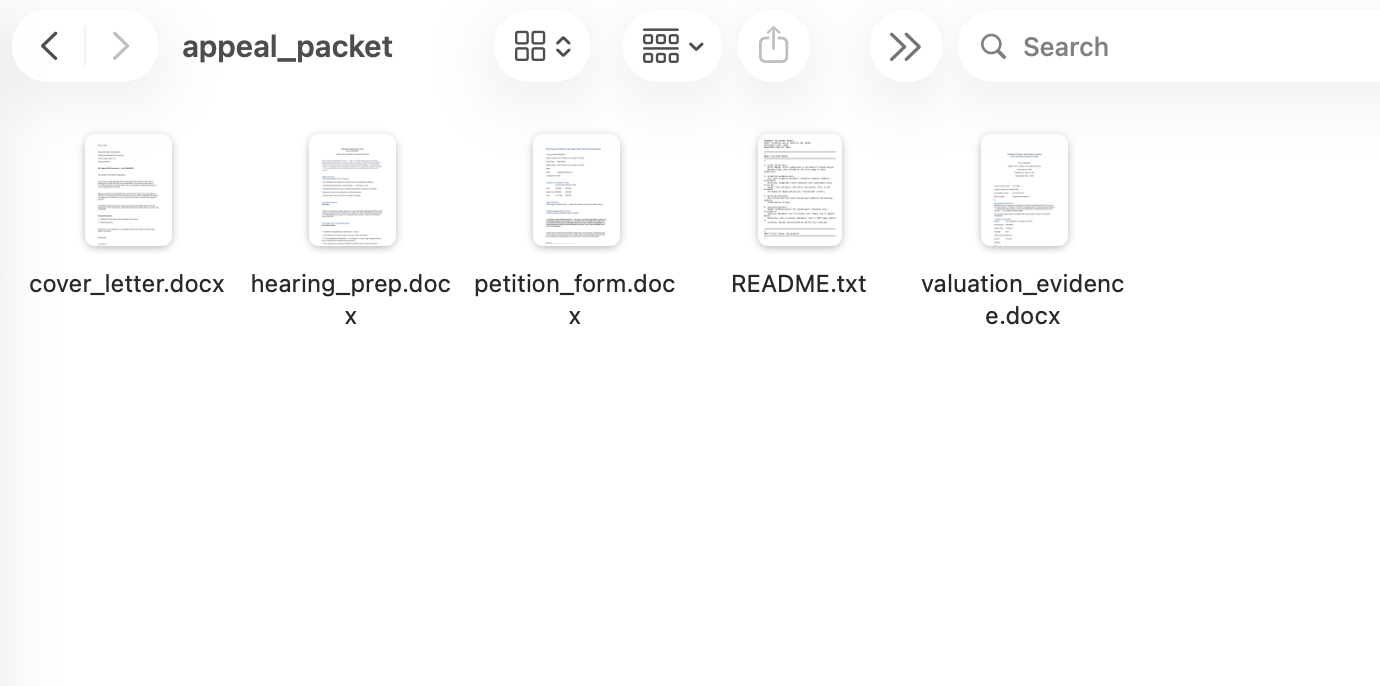 The appeal packet documents generated by the tool: cover letter, valuation evidence, petition form, hearing prep, and README