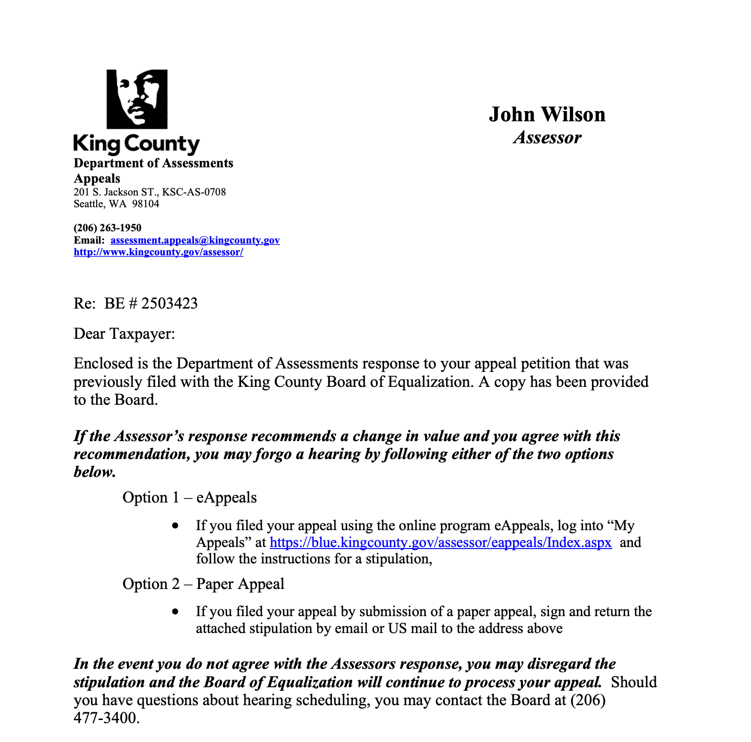 King County Department of Assessments response letter to an appeal petition, explaining the stipulation options