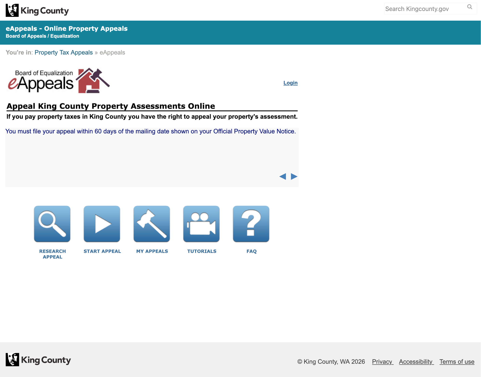 The King County eAppeals online property appeals portal, where you file an appeal and upload evidence