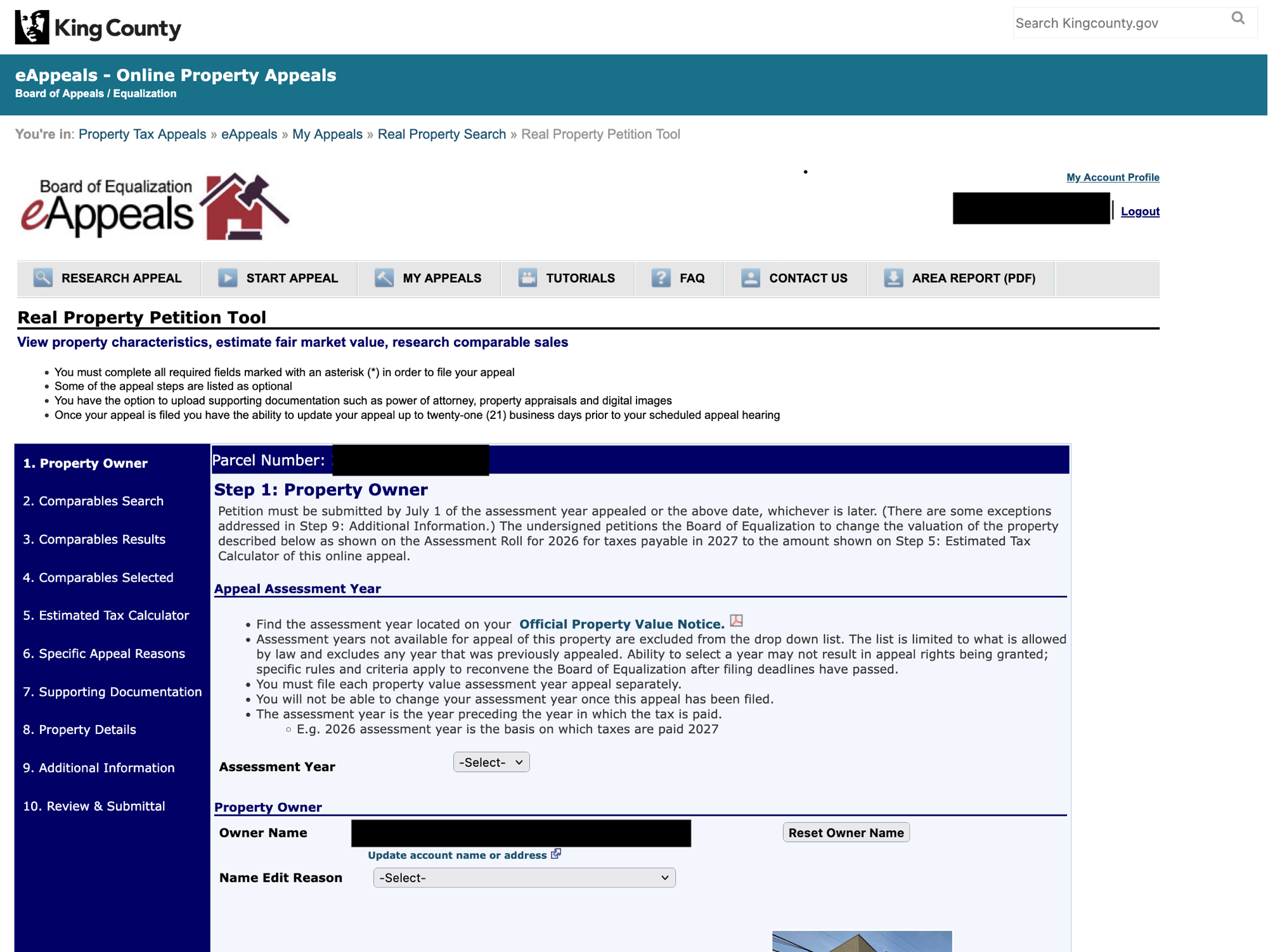 The King County eAppeals Real Property Petition Tool showing the ten-step appeal filing process